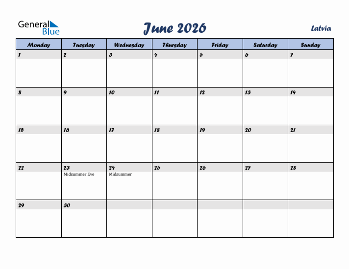 June 2026 Calendar with Holidays in Latvia
