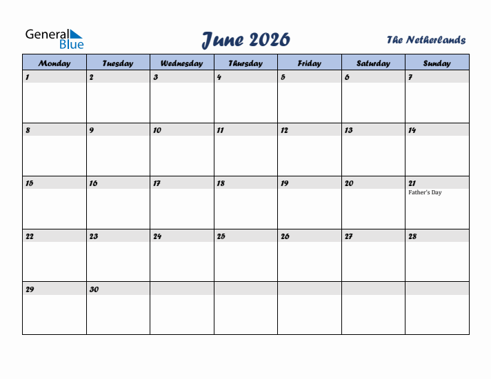 June 2026 Calendar with Holidays in The Netherlands