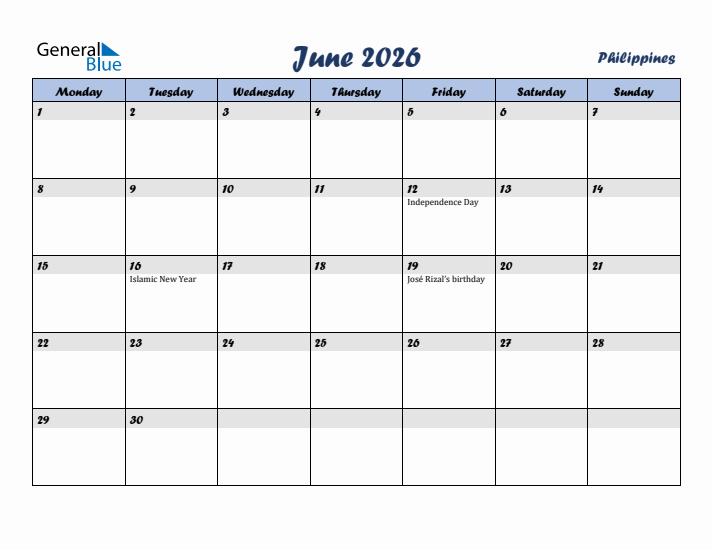 June 2026 Calendar with Holidays in Philippines