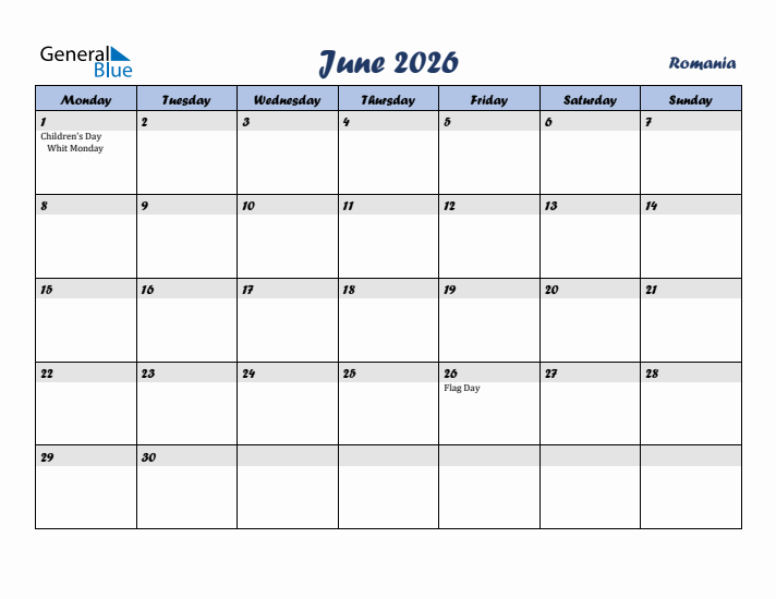 June 2026 Calendar with Holidays in Romania