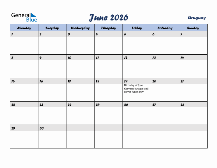 June 2026 Calendar with Holidays in Uruguay