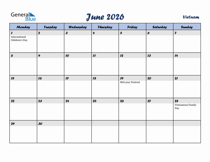 June 2026 Calendar with Holidays in Vietnam