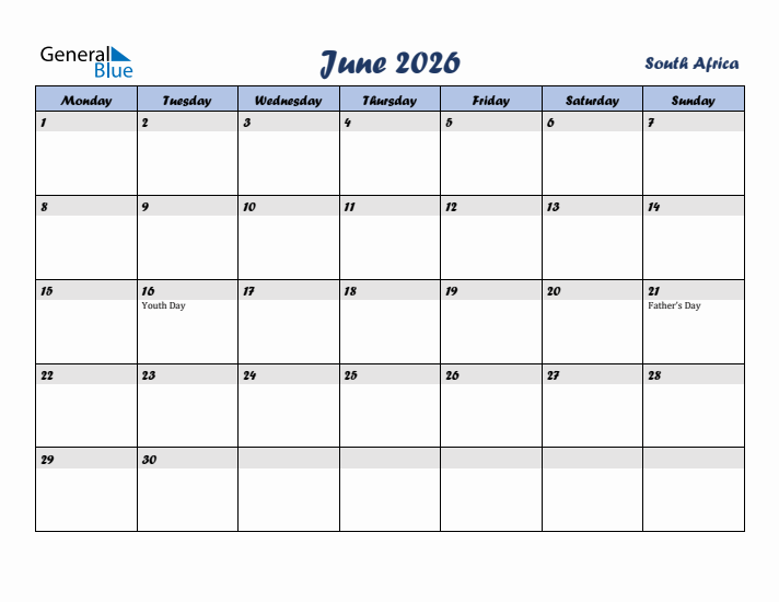 June 2026 Calendar with Holidays in South Africa