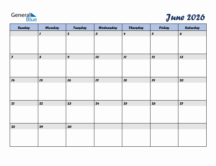 June 2026 Blue Calendar (Sunday Start)