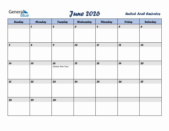 June 2026 Calendar with Holidays in United Arab Emirates