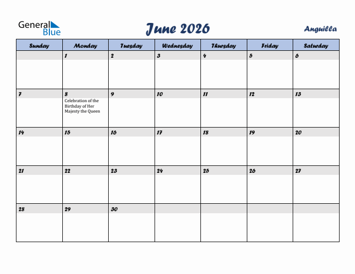 June 2026 Calendar with Holidays in Anguilla