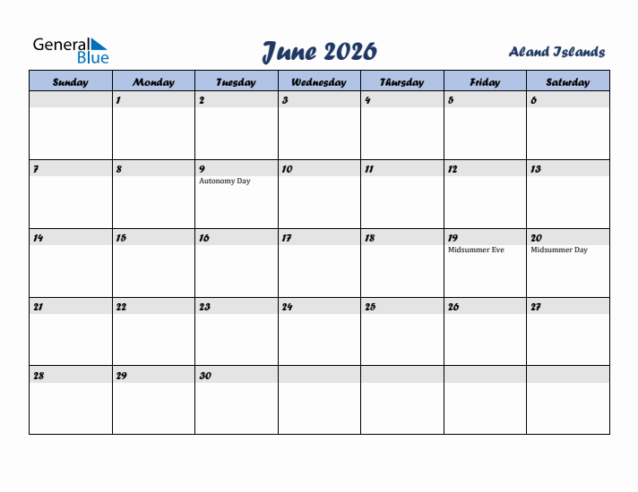 June 2026 Calendar with Holidays in Aland Islands