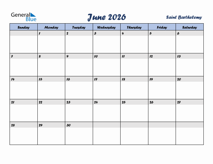 June 2026 Calendar with Holidays in Saint Barthelemy