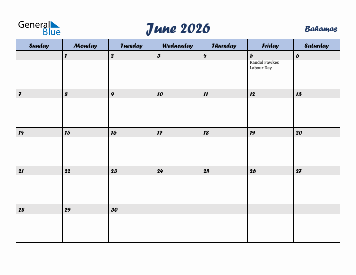 June 2026 Calendar with Holidays in Bahamas