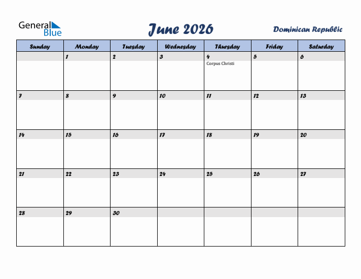 June 2026 Calendar with Holidays in Dominican Republic