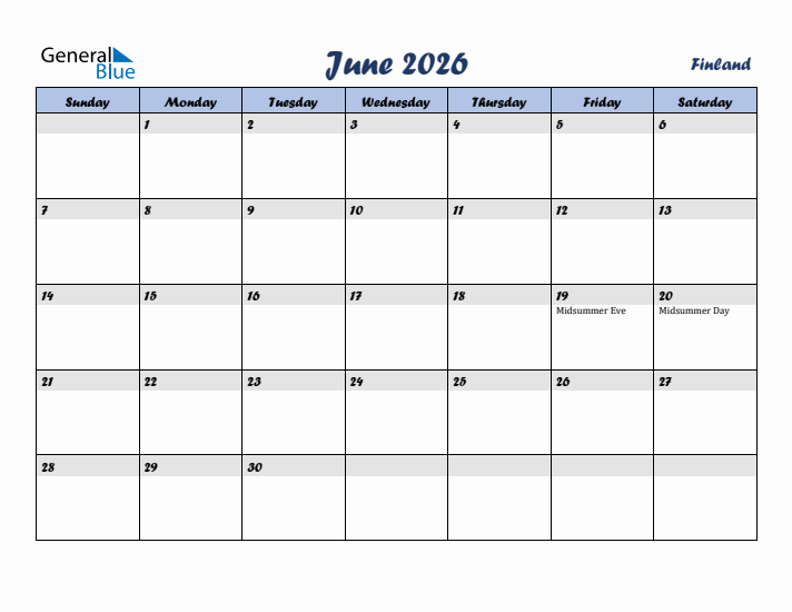 June 2026 Calendar with Holidays in Finland