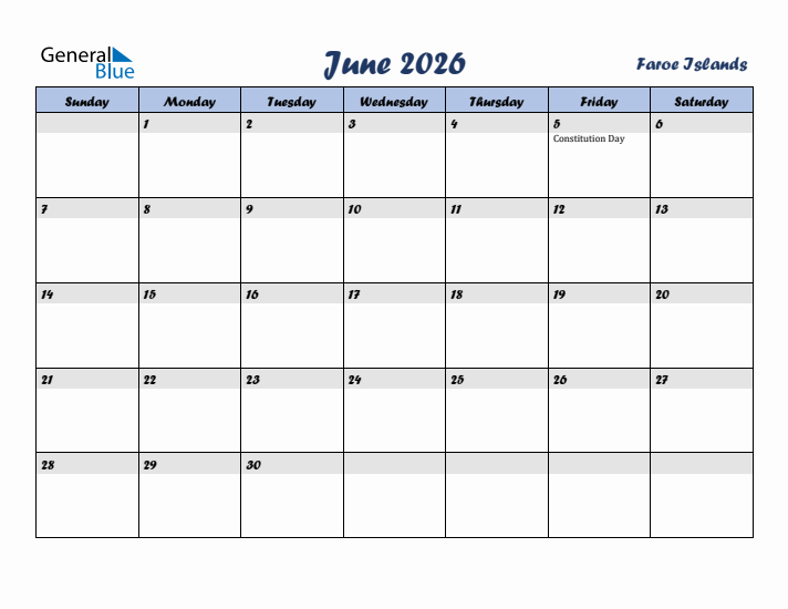 June 2026 Calendar with Holidays in Faroe Islands