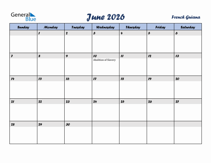 June 2026 Calendar with Holidays in French Guiana