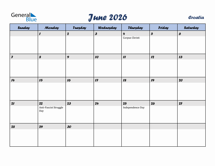 June 2026 Calendar with Holidays in Croatia