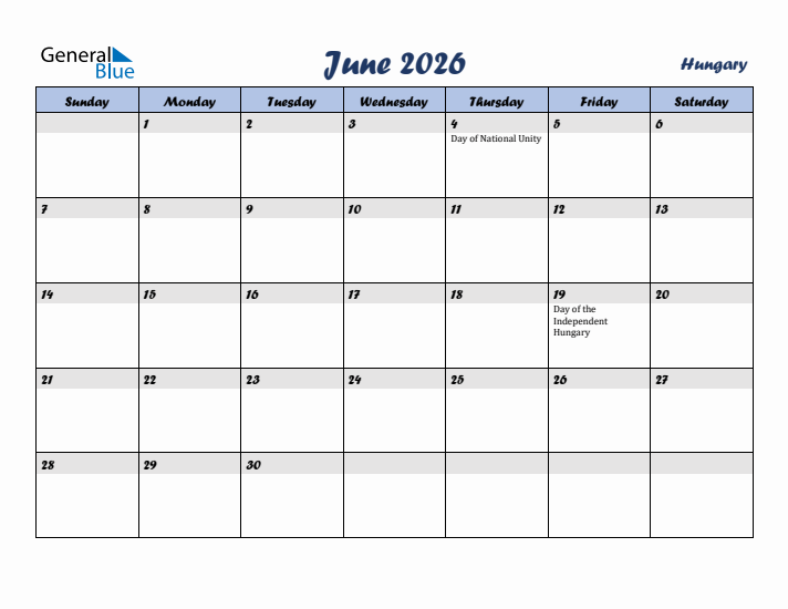 June 2026 Calendar with Holidays in Hungary
