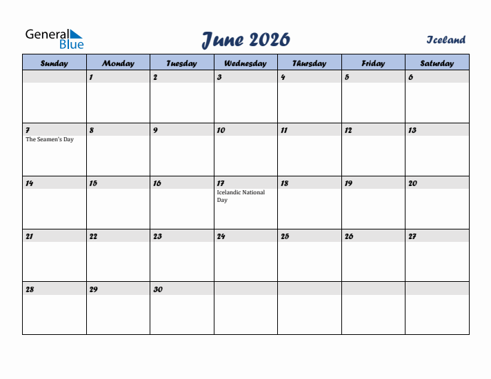 June 2026 Calendar with Holidays in Iceland