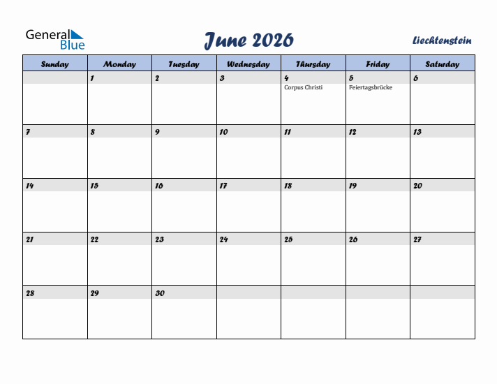 June 2026 Calendar with Holidays in Liechtenstein