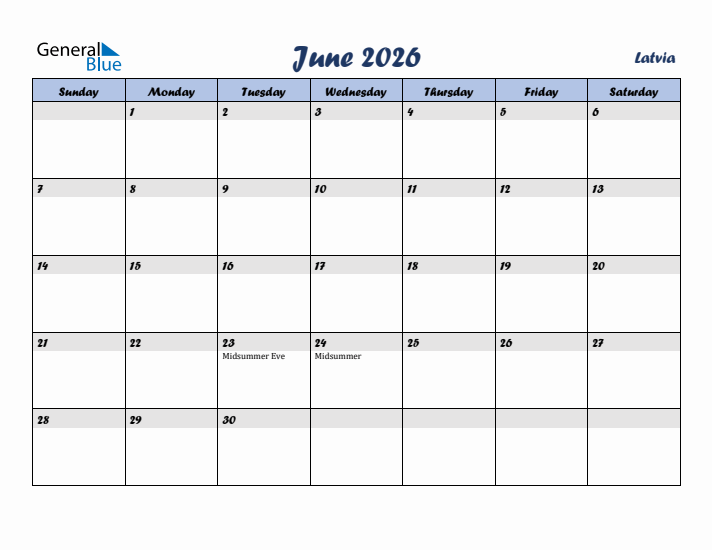 June 2026 Calendar with Holidays in Latvia