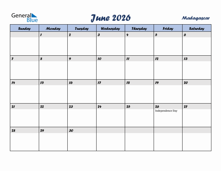 June 2026 Calendar with Holidays in Madagascar