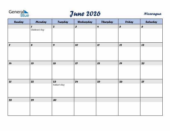 June 2026 Calendar with Holidays in Nicaragua