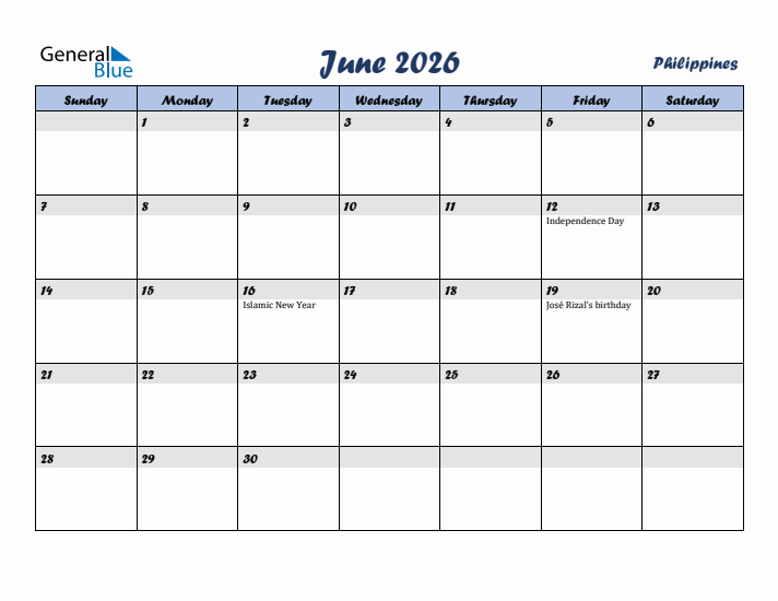 June 2026 Calendar with Holidays in Philippines