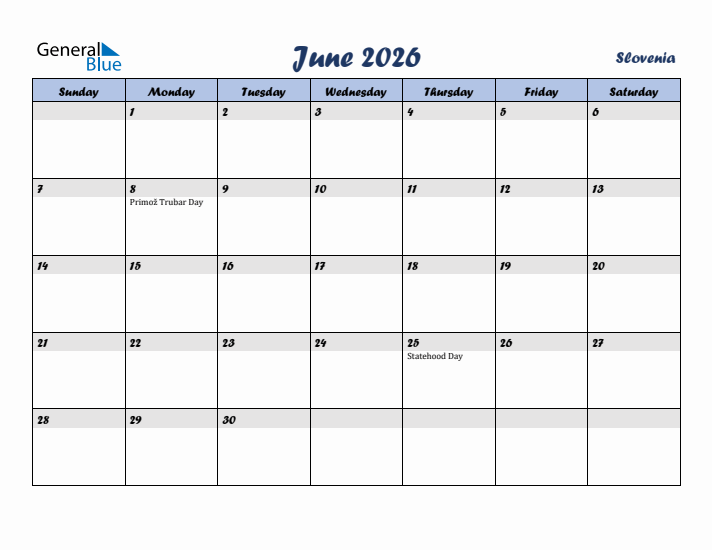 June 2026 Calendar with Holidays in Slovenia