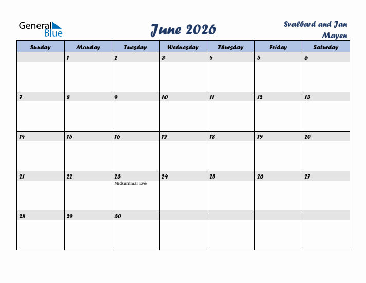 June 2026 Calendar with Holidays in Svalbard and Jan Mayen