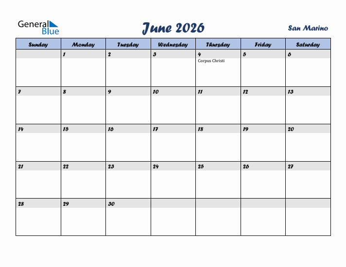 June 2026 Calendar with Holidays in San Marino