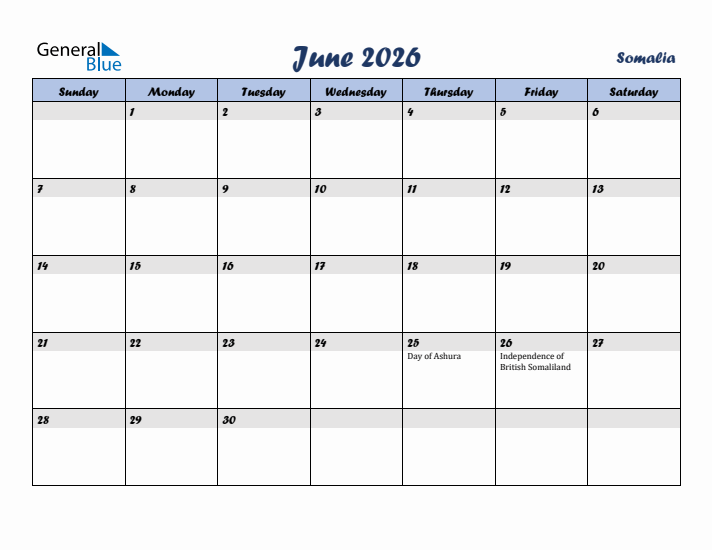 June 2026 Calendar with Holidays in Somalia