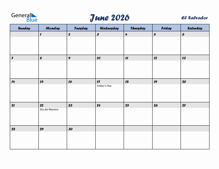 June 2026 Calendar with Holidays in El Salvador