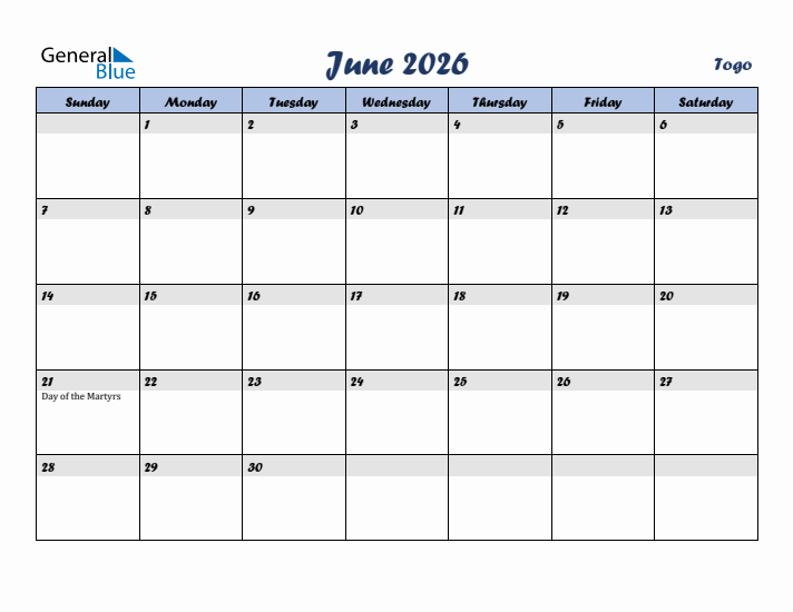 June 2026 Calendar with Holidays in Togo