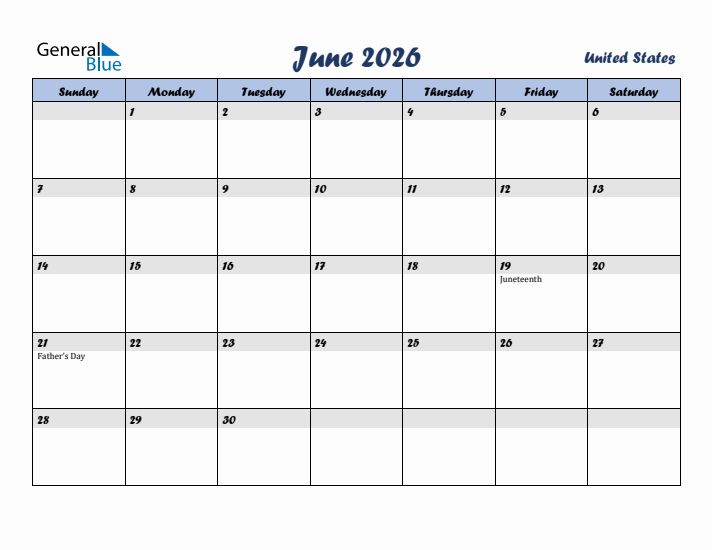 June 2026 Calendar with Holidays in United States
