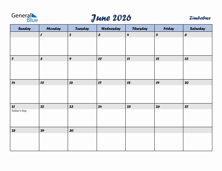 June 2026 Calendar with Holidays in Zimbabwe