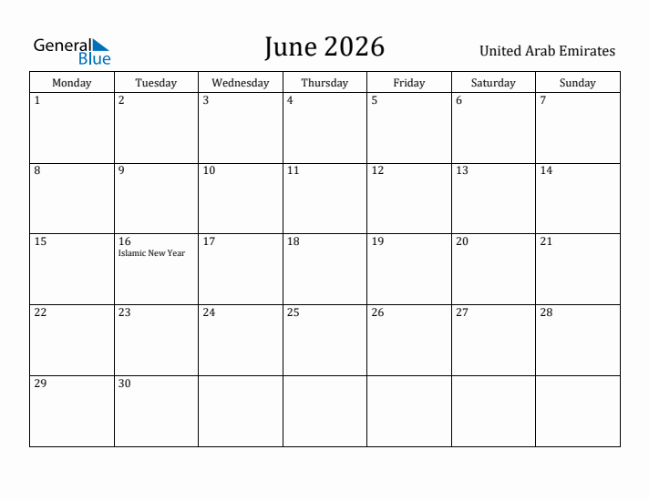 June 2026 Calendar United Arab Emirates