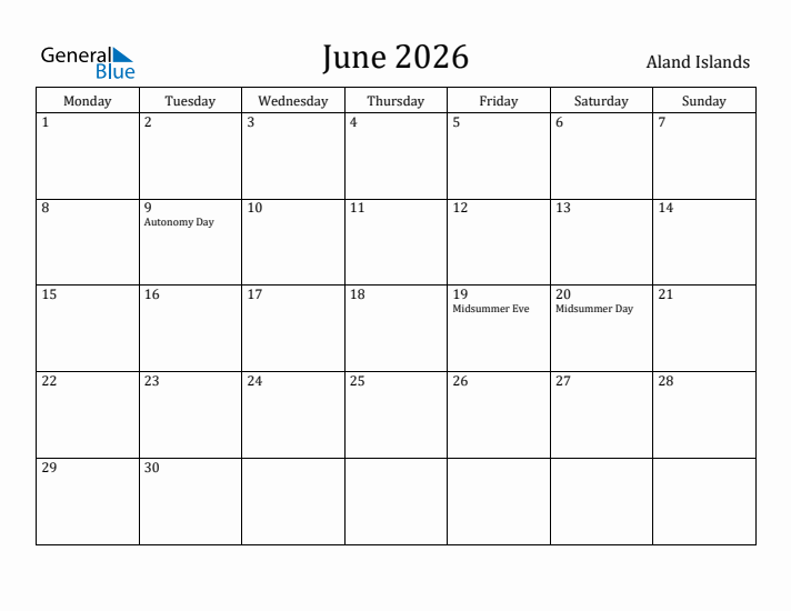 June 2026 Calendar Aland Islands