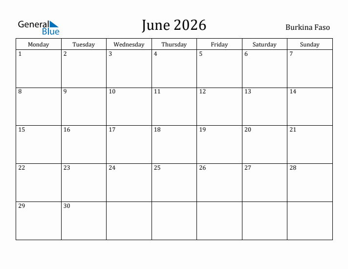 June 2026 Calendar Burkina Faso