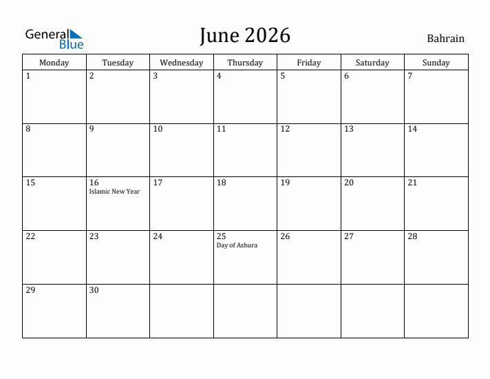 June 2026 Calendar Bahrain