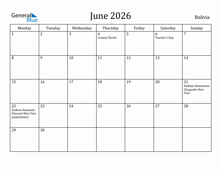 June 2026 Calendar Bolivia