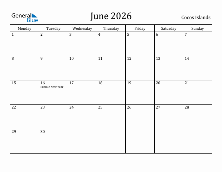 June 2026 Calendar Cocos Islands
