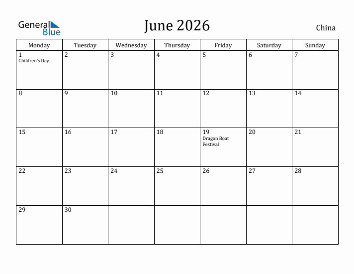 June 2026 Calendar China