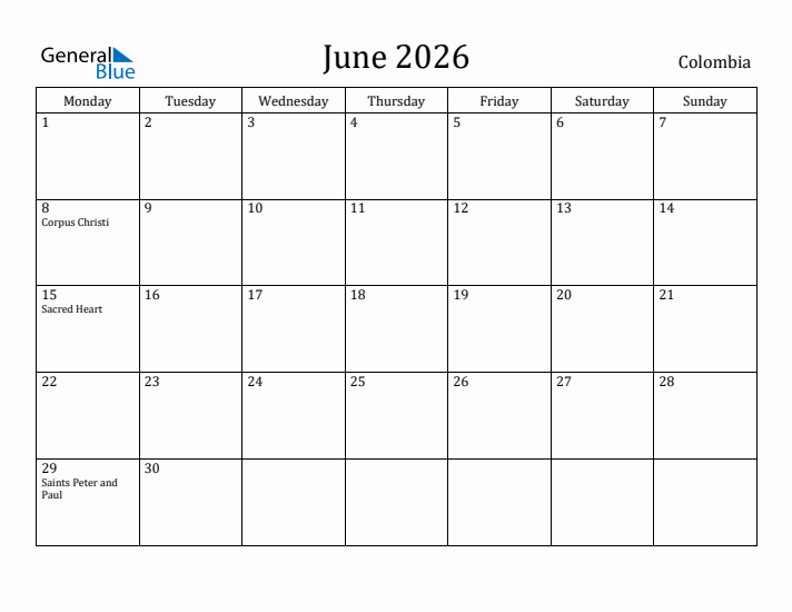 June 2026 Calendar Colombia