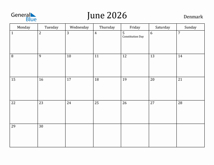 June 2026 Calendar Denmark