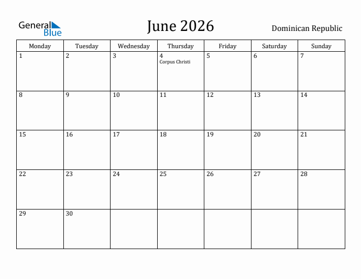 June 2026 Calendar Dominican Republic