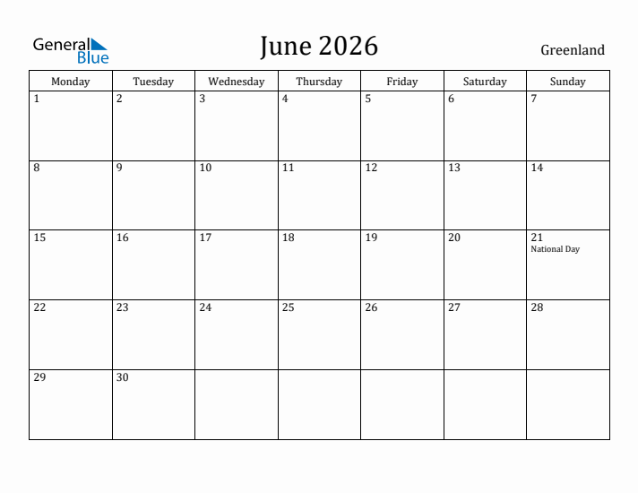 June 2026 Calendar Greenland