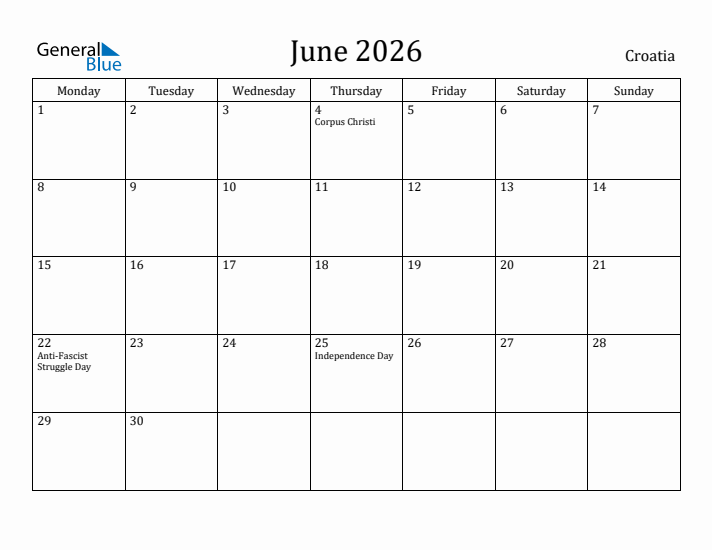 June 2026 Calendar Croatia