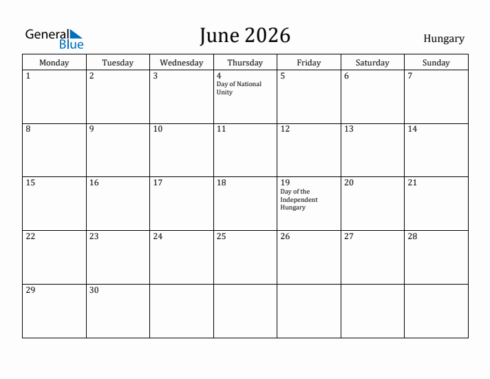 June 2026 Calendar Hungary