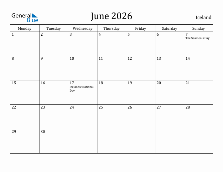 June 2026 Calendar Iceland