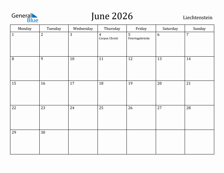 June 2026 Calendar Liechtenstein