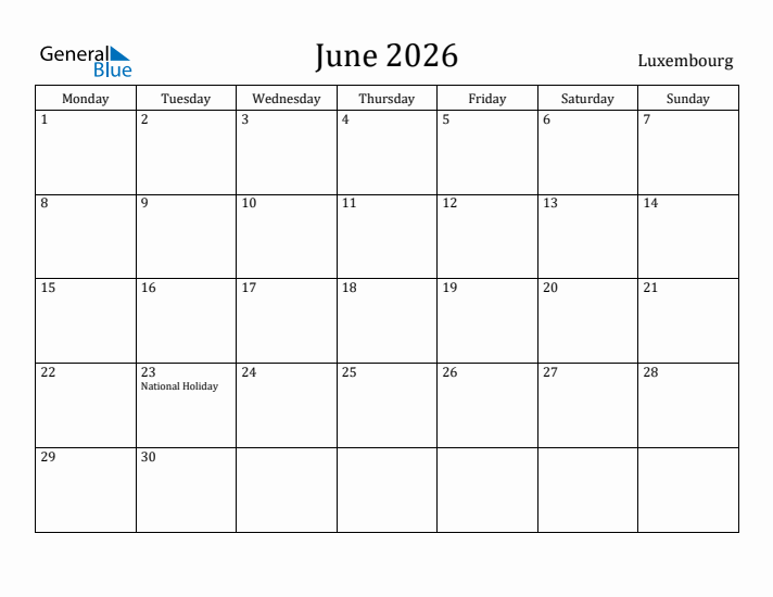 June 2026 Calendar Luxembourg