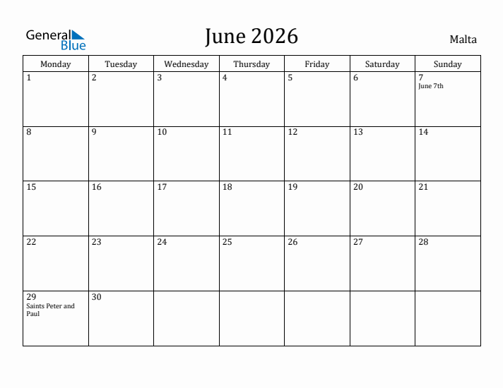 June 2026 Calendar Malta